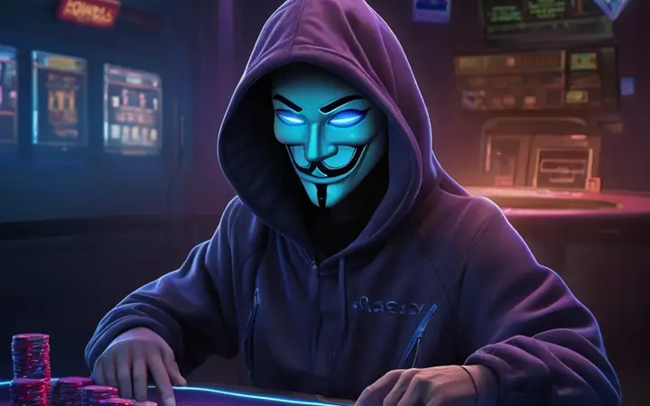 Masked gambler under neon light