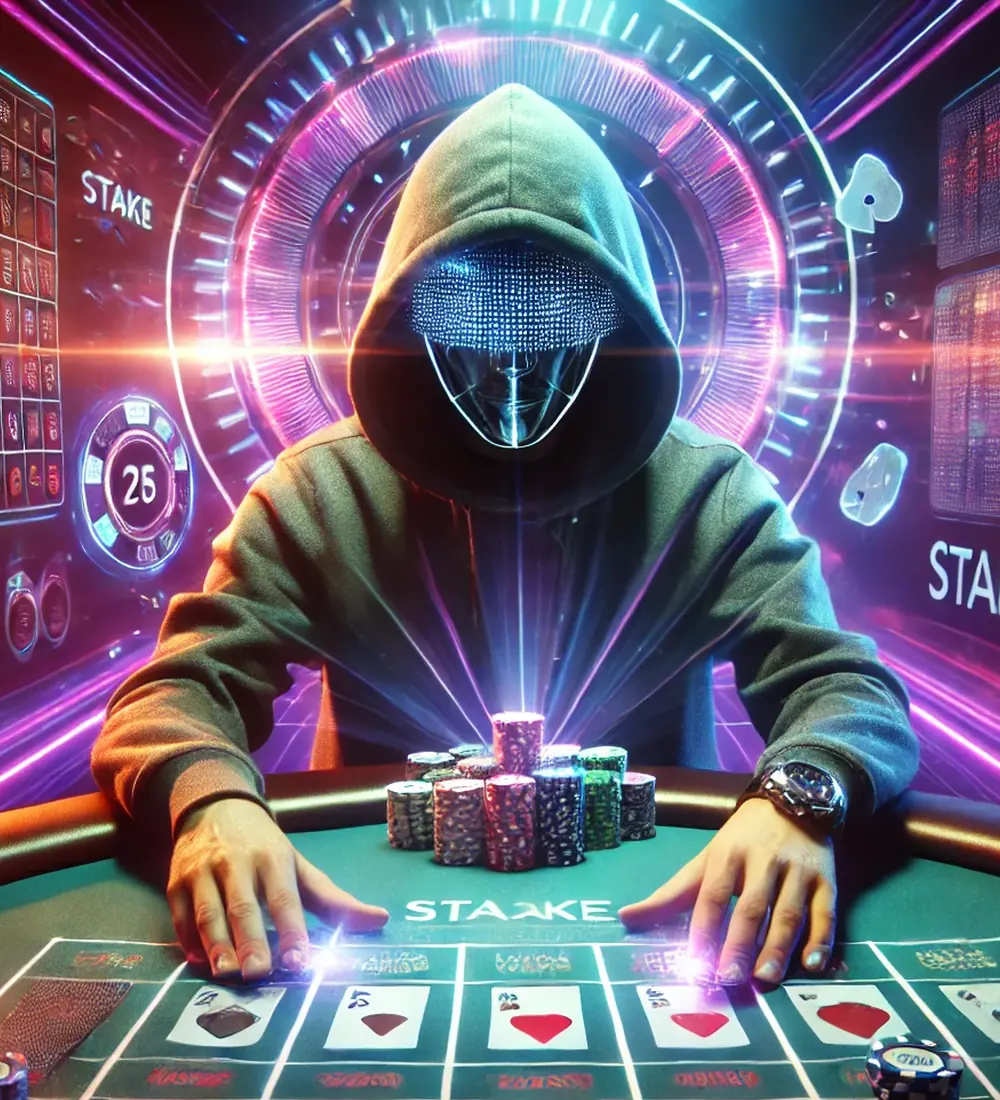 Hooded figure at a neon casino table
